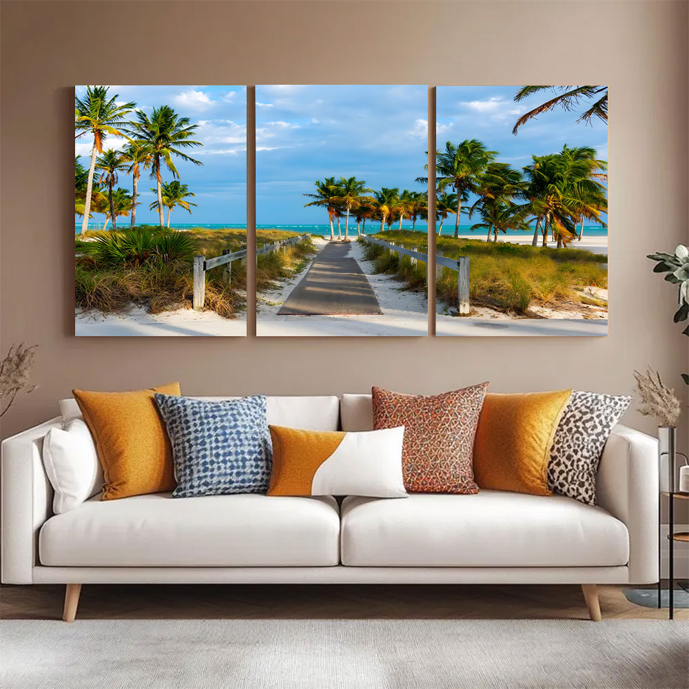 3-Piece Set Palm Tree Boardwalk To The Beach Canvas Art