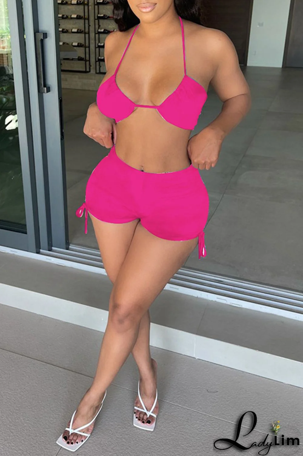 Black Fashion Sexy Solid Bandage Backless Halter Sleeveless Two Pieces