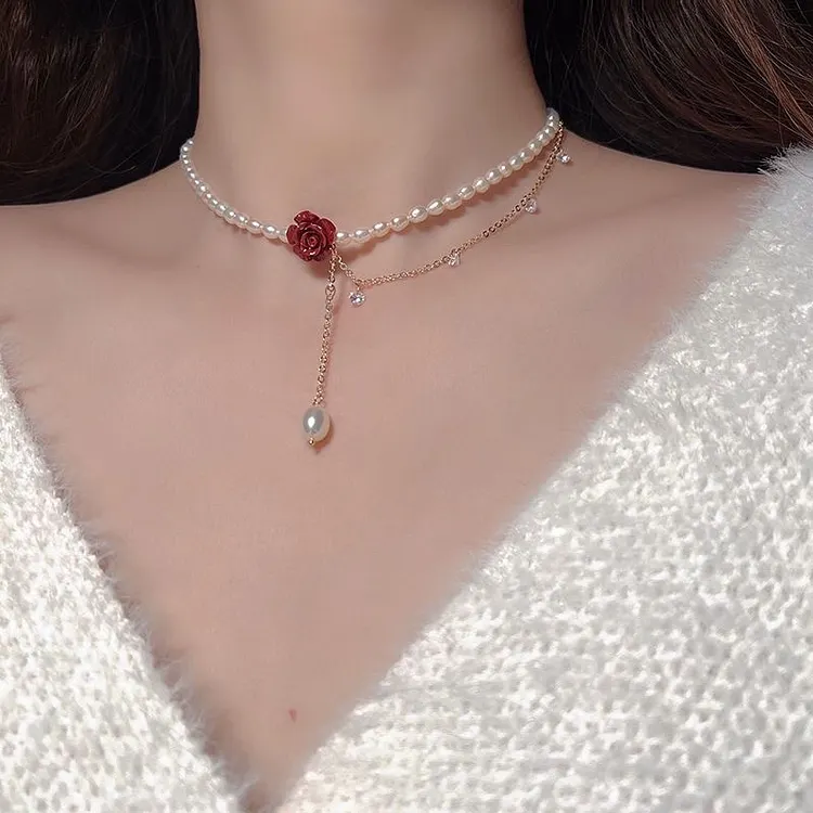 Vintage Alloy Pearl Rose Necklace