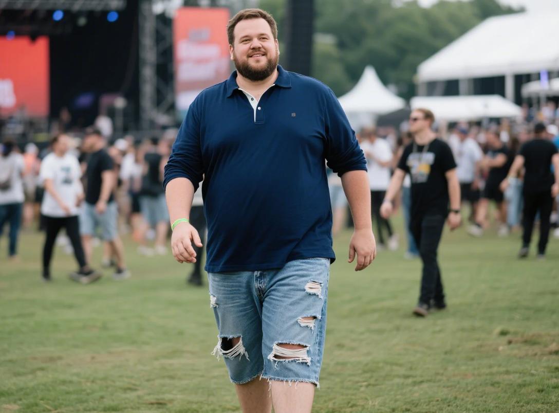 A big man playing at a concert in ripped jeans