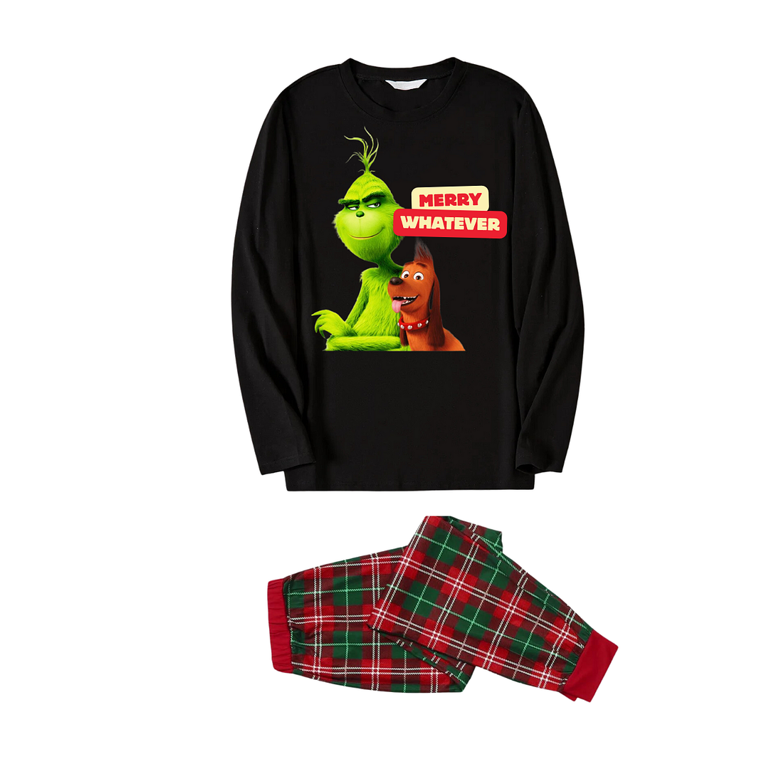 "Merry Whatever" Slogan and Cartoon Pattern Printed Red and Green Plaid Family Matching Pajamas