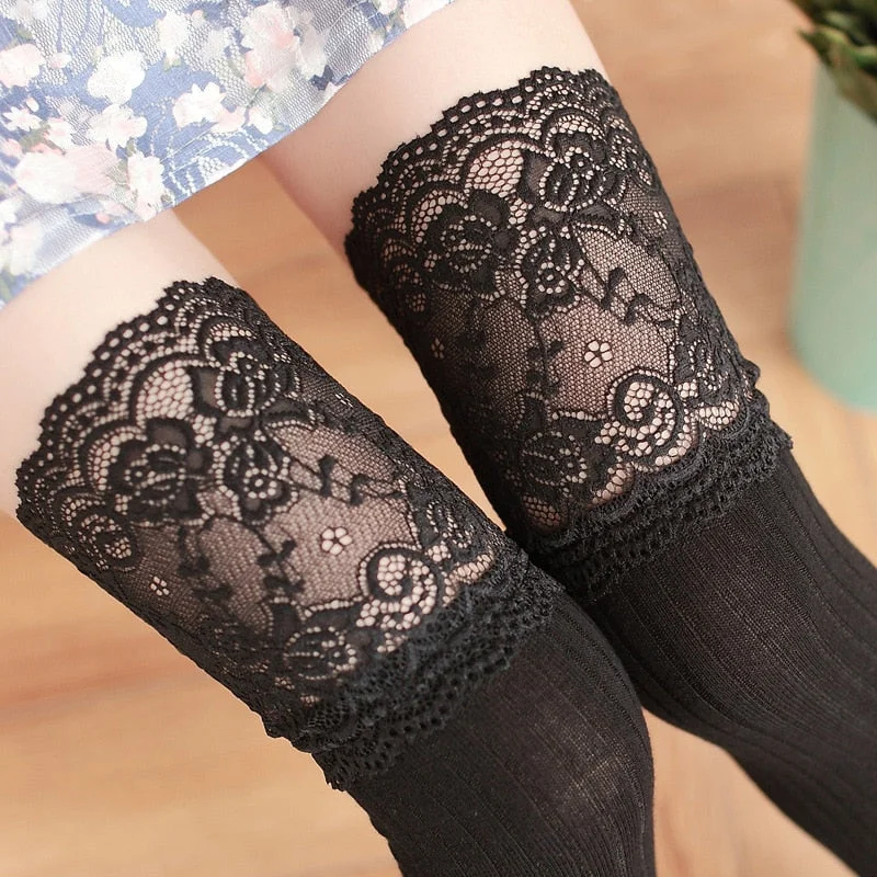 OJBK Thick Version Over Knee Cute 100% Cotton Stripe Lace Thigh High Sexy Stretch Stocking Fashion Spring and Autumn  2020 New