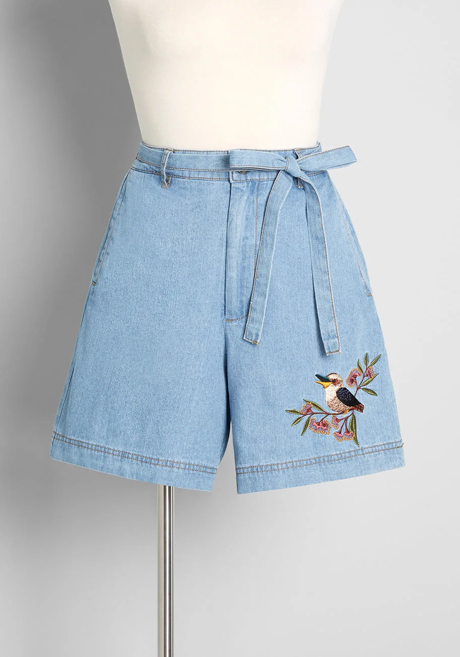 Kooky Kookaburra Tie-Waist Denim Shorts