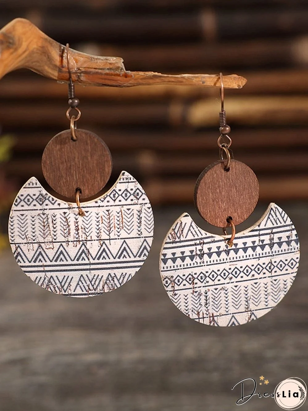 Geometric Striped Wood Drop Earrings with Multicolour Print