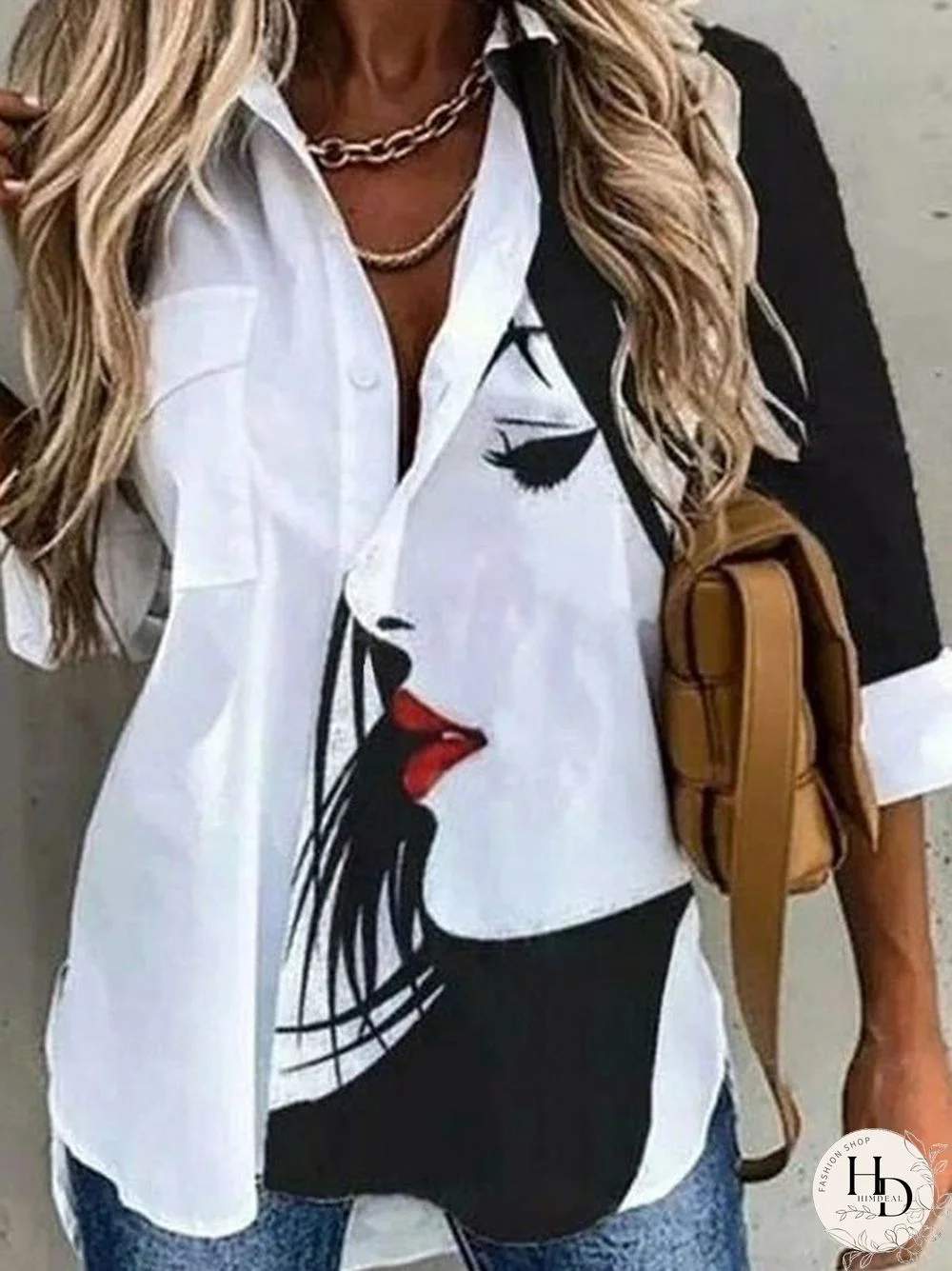 Women'S Blouses Printed Lapel Button Long Sleeve Blouse