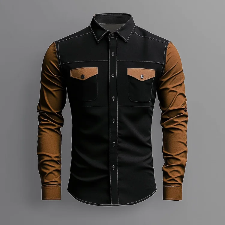 Okaywear Turndown Collar Single Breasted Color Block Long Sleeve Shirt 
