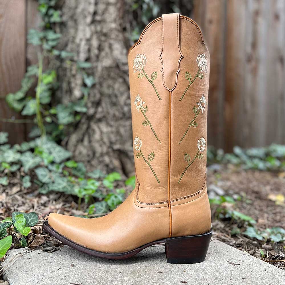Vintage Chunky Heel Rose Embroidery Mid-Calf Cowgirl Boots in Brown