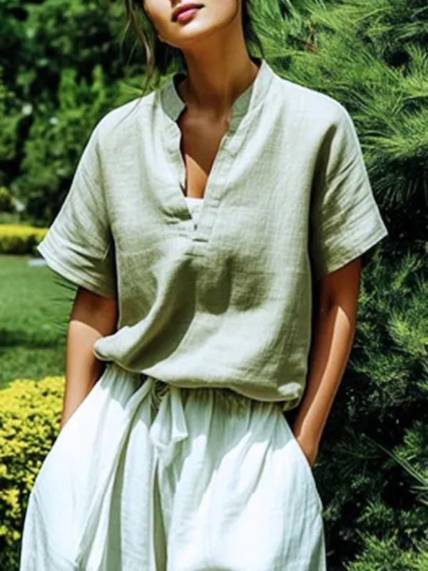 V-neck Solid Color Cotton And Linen Top hjn Shicloths