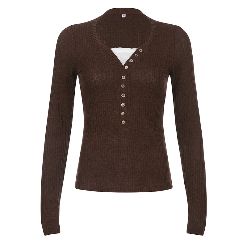 Ueong And Slim Internet Celebrity Fashion Brown Knitted Spliced Lace Blouse In The Fall Of 2024
