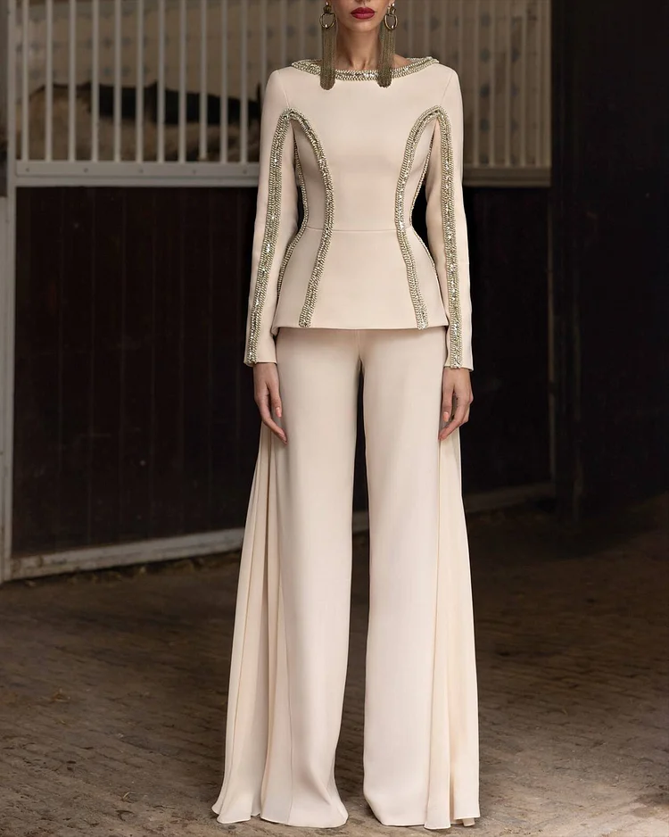 Women's Round Neck Long Sleeve Sequin Two-Piece Suit