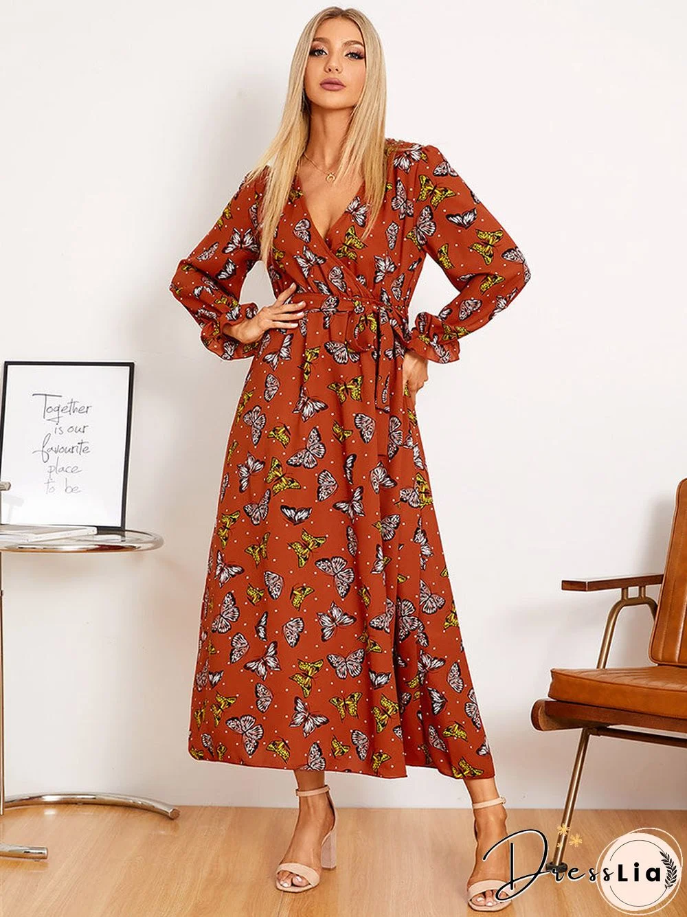 Butterfly Print Belt Long Sleeve V-neck Maxi Dress