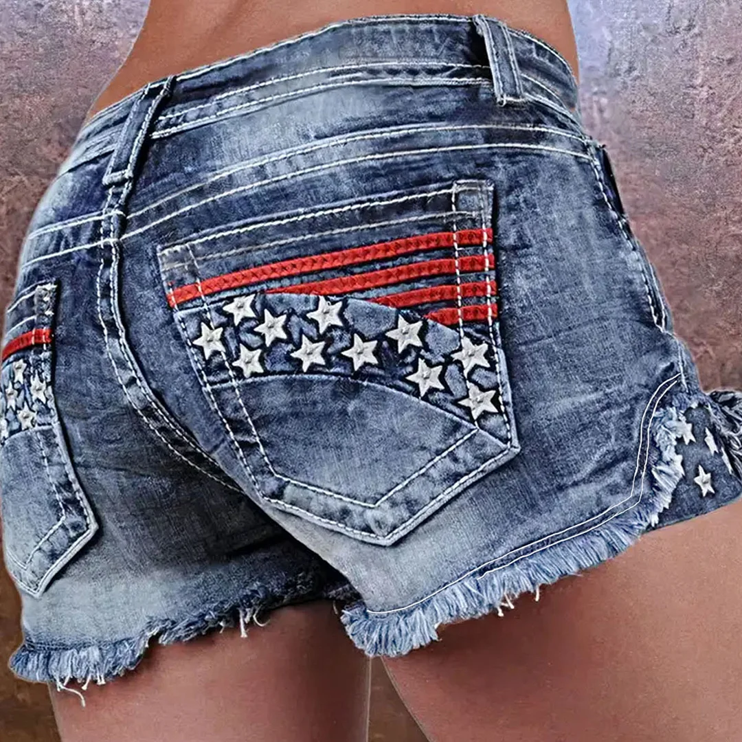 Women's Denim Embroidered Shorts Star Embroidered Denim Shorts