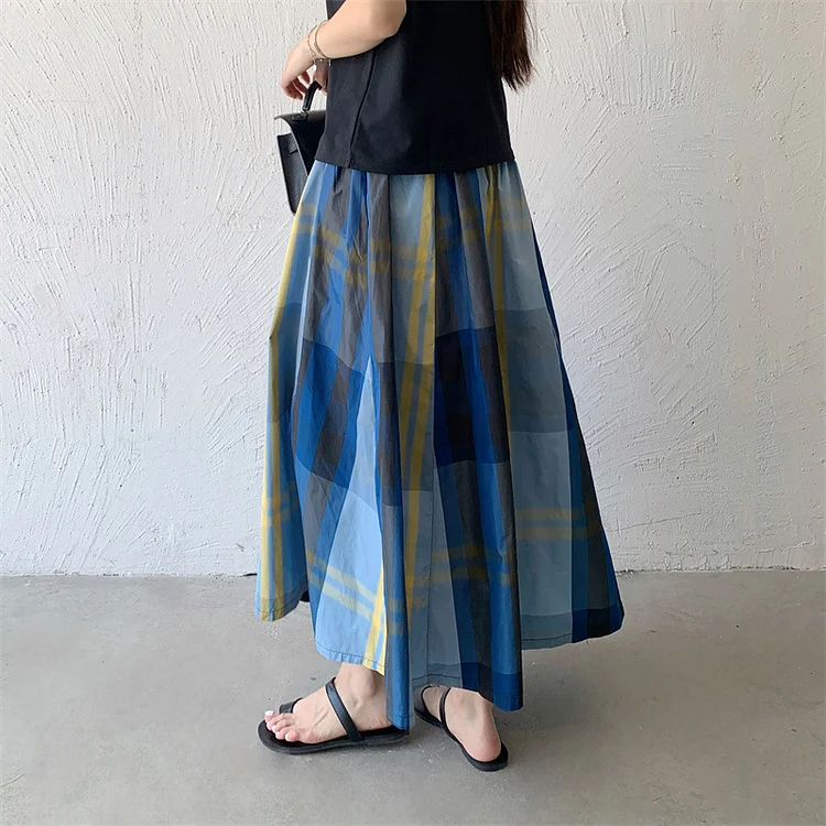 Vintage Plaid Elastic Waist Skirt