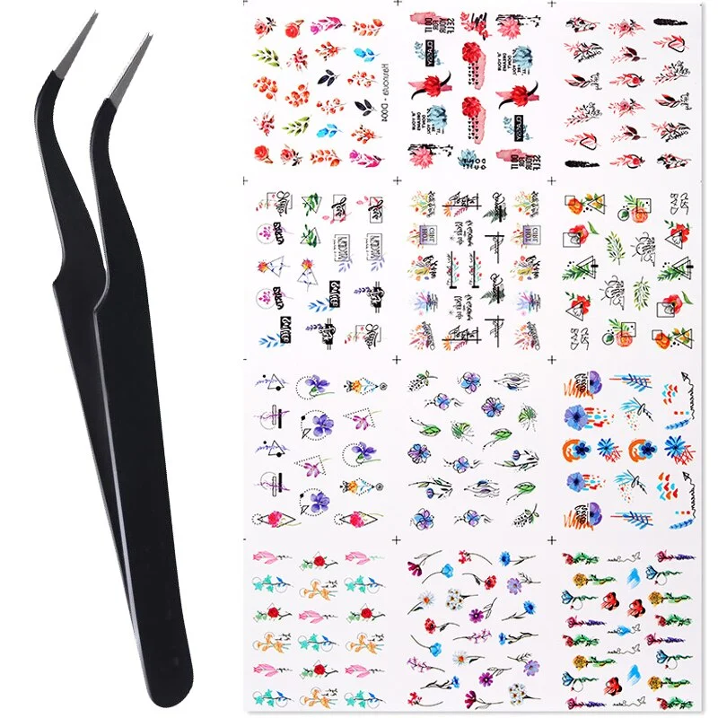 Harunouta Water Decals Stickers Summer Simple Green Leaves Butterfly Geometric Lines Flowers Nail Art Decorations Manicures