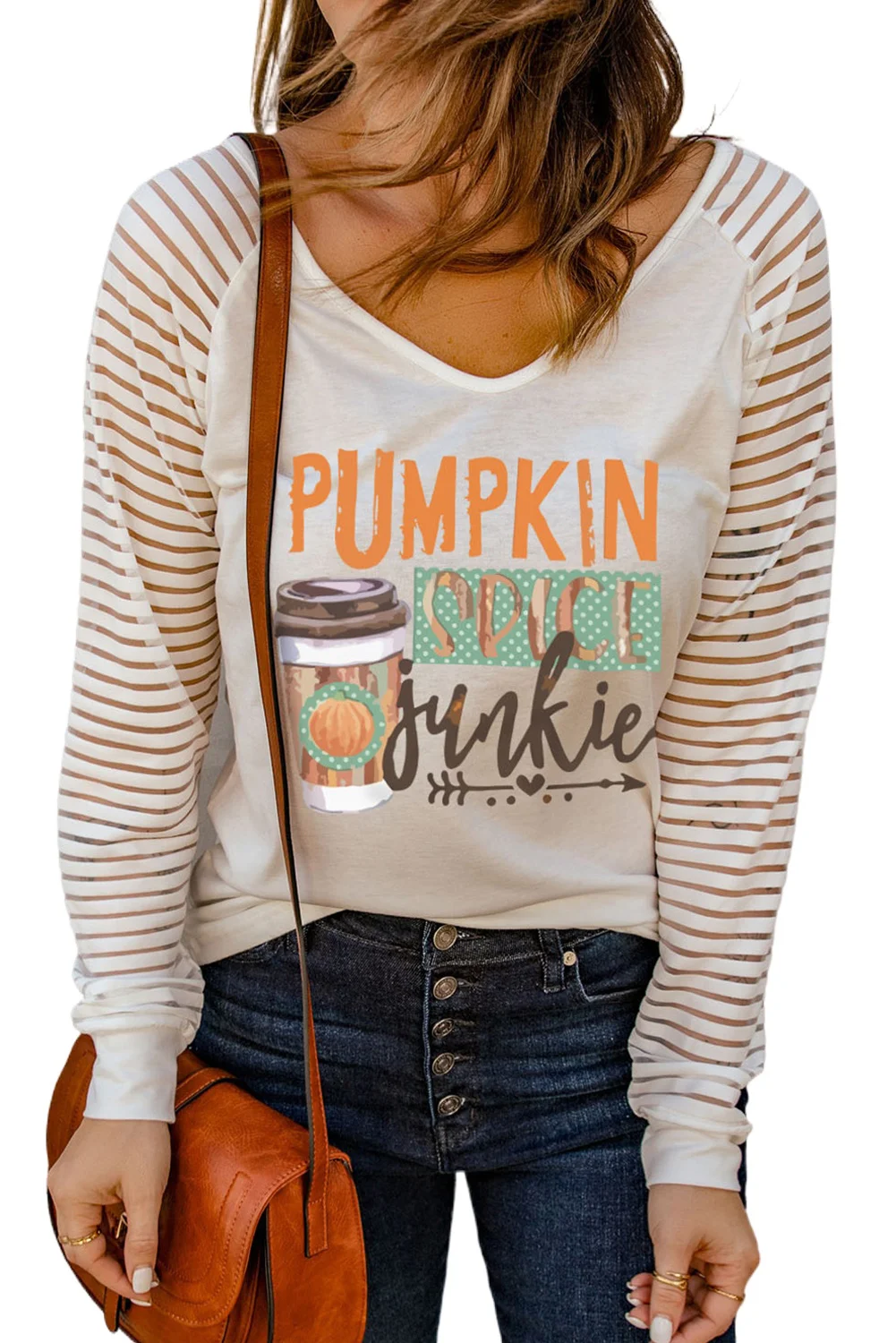 White Pumpkin Spice Junkie Graphic Print Sheer Stripe Long Sleeve Top