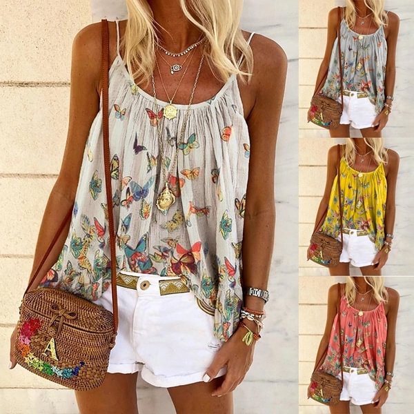 Women's Fashion Summer Casual Loose Butterfly Print Vest Plus Size - BlackFridayBuys