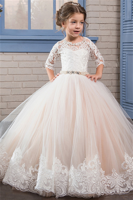 Gorgeous Half Sleeves Lace Flower Girl Dress Tulle Champagne Gown - lulusllly