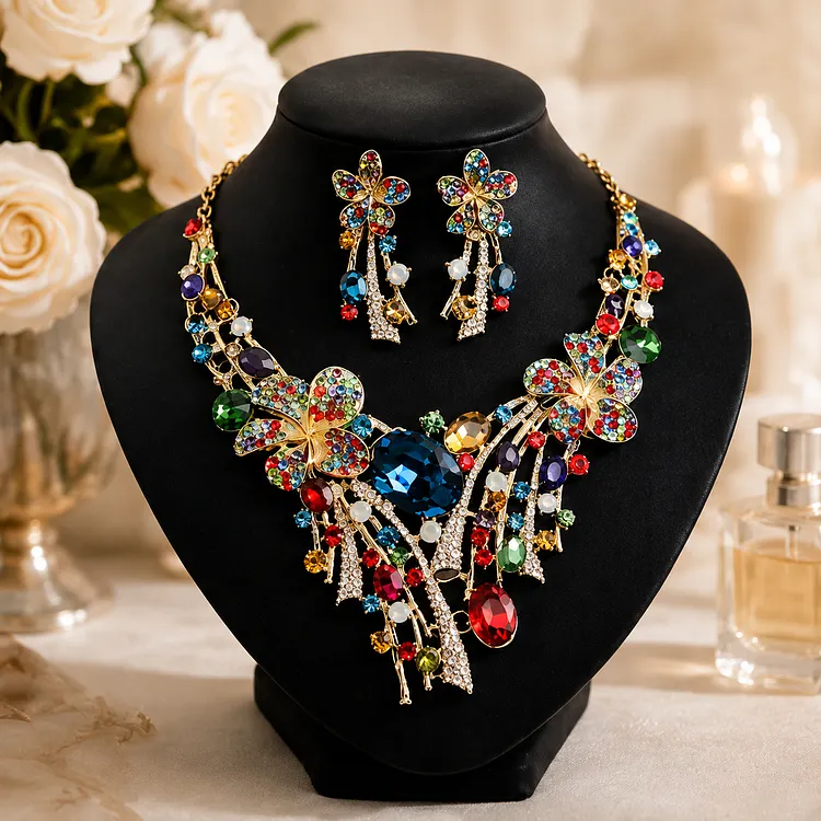 Multicolor Crystal Statement Necklace and Earrings Set for Women, Floral Rhinestone Jewelry, Elegant Party Wedding Gift