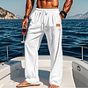 Men's Linen Leather Lable Beach Drawstring Elastic Waist Straight Leg Plain Comfort Breathable Pants White by Inlyline