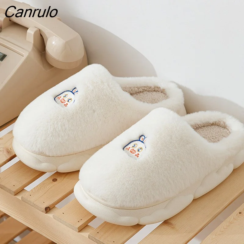 Canrulo Warm Cotton Slippers Thick Soft Sole Slippers Men Women Indoor Floor Flat Solid Colo Home Non-slip Shoes Couple Slippers