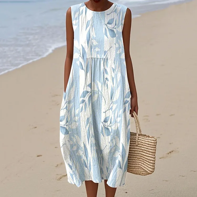 Vintage Loose Floral Art Sleeveless Cotton And Linen Tank Dress