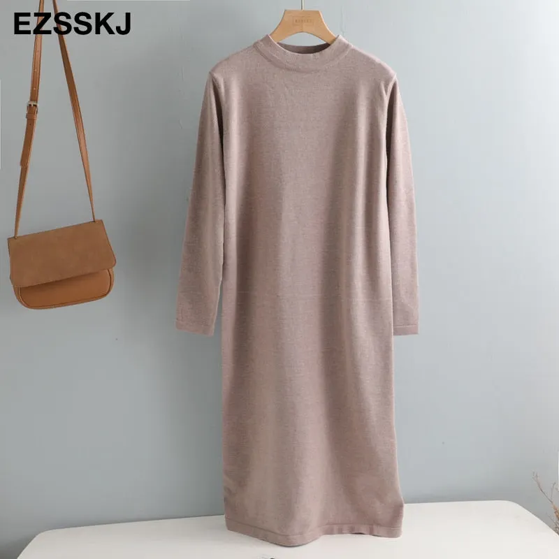 straight autumn winter long sweater dress women split side long o-neck maix sweater dress female basic dress