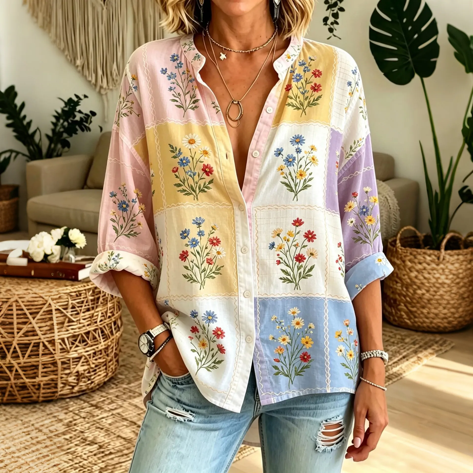 Comstylish Women's Floral Patchwork Art Print Long Sleeve Shirt
