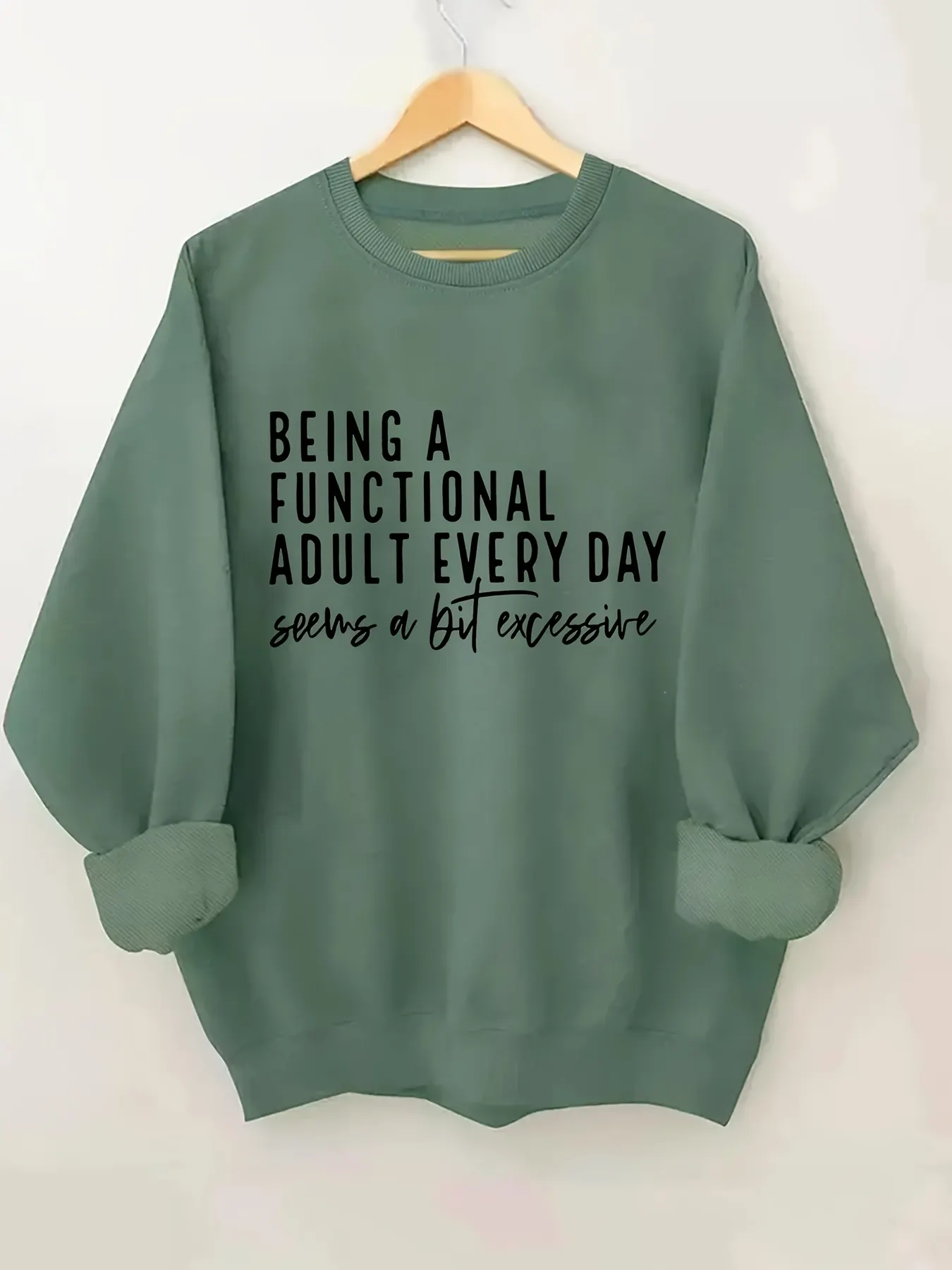 Womens Casual Letter Print Crew Neck Sweatshirt Long Sleeve Polyester Blend Green