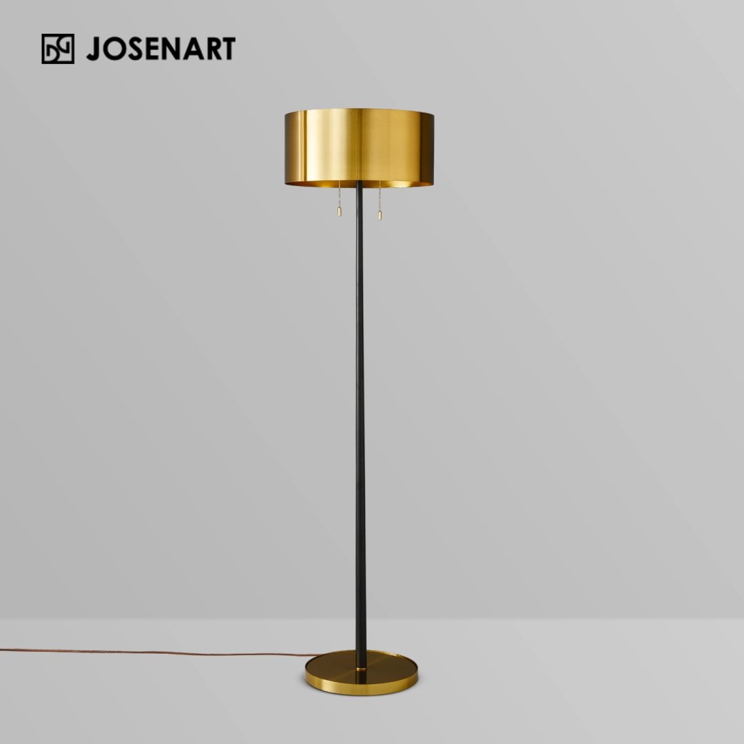 Brass Shade Cylindrical Column Floor Lamp