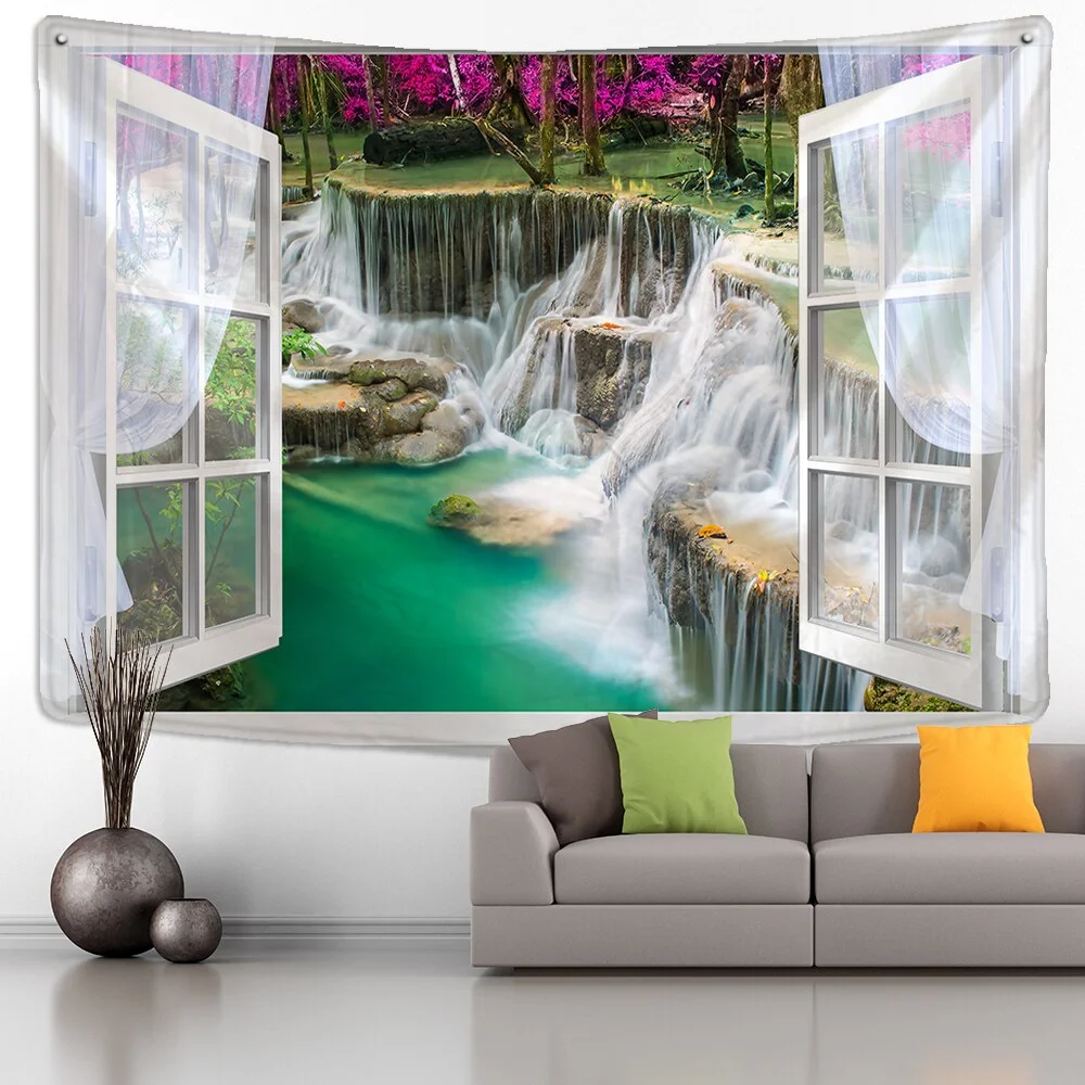 Window Forest Plant Landscape Tapestry Natural Scenery Wall Hanging Indian Throw Mandala Hippie Bedspread Bohemian Home Decor