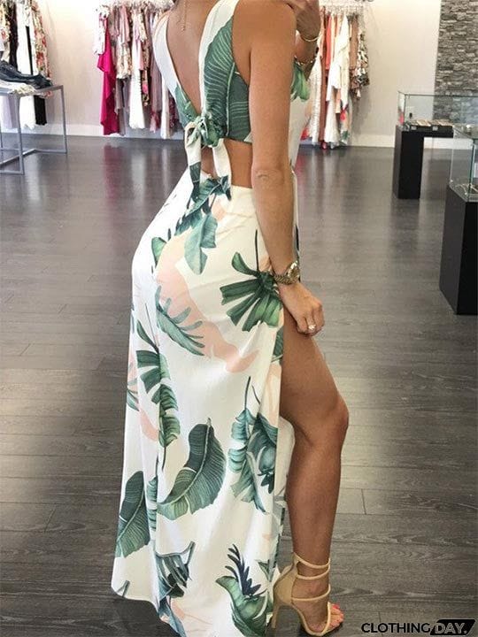 Deep V Plunge Leaves Print Maxi Dress