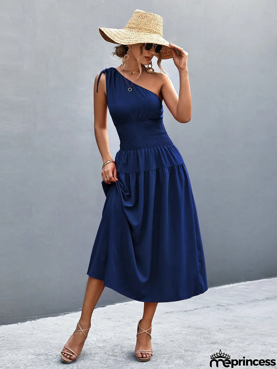 Asymmetrical One Shoulder Smocked Waist Midi Dress