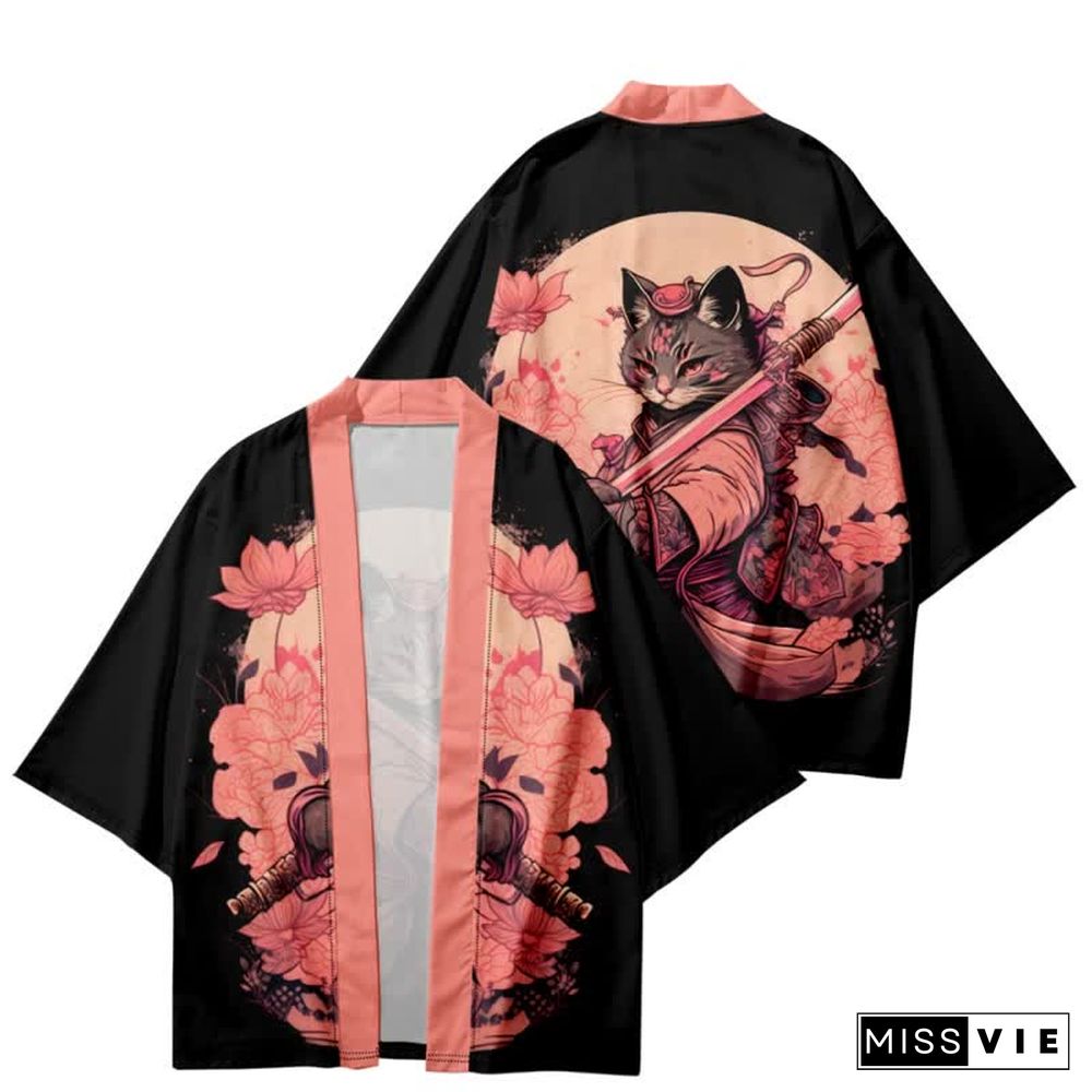 Vintage Cat Warriors Print Cardigan Kimono Outerwear