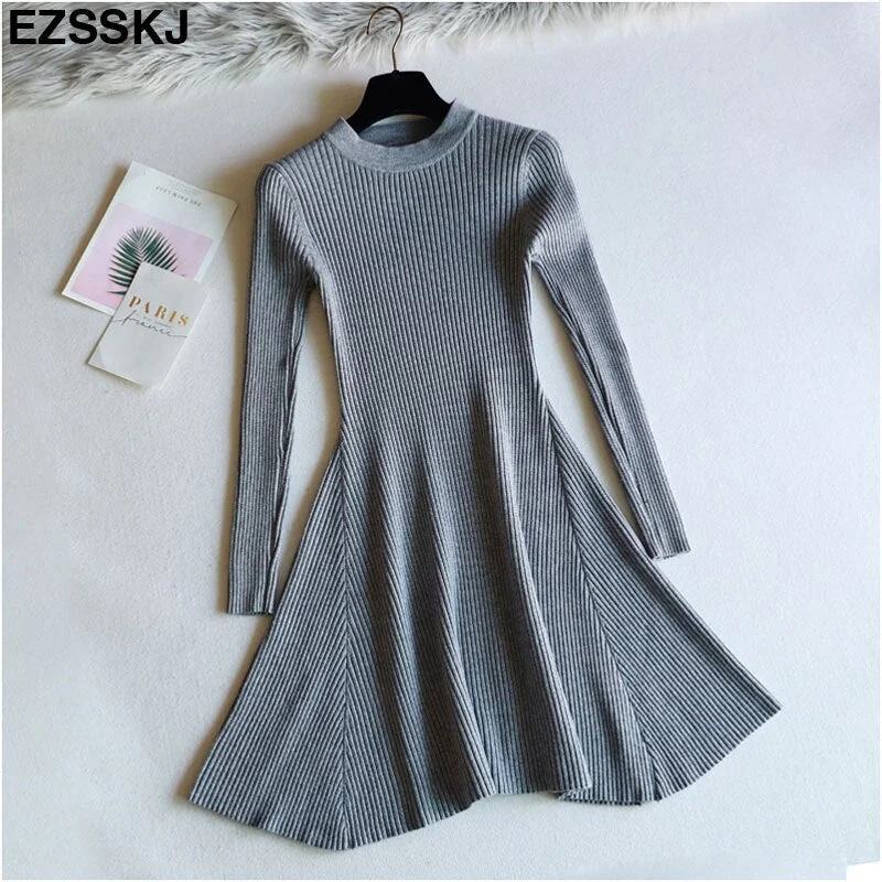 chic Autumn Winter black Sweater Dress Women o-neck Long Sleeve A Line thick Knit mini Dress female girl short bodycon dress