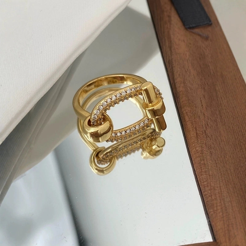 2 Pieces IG Style Oval Copper Zircon 18K Gold Plated Mixed Metal Plating Inlay Rings