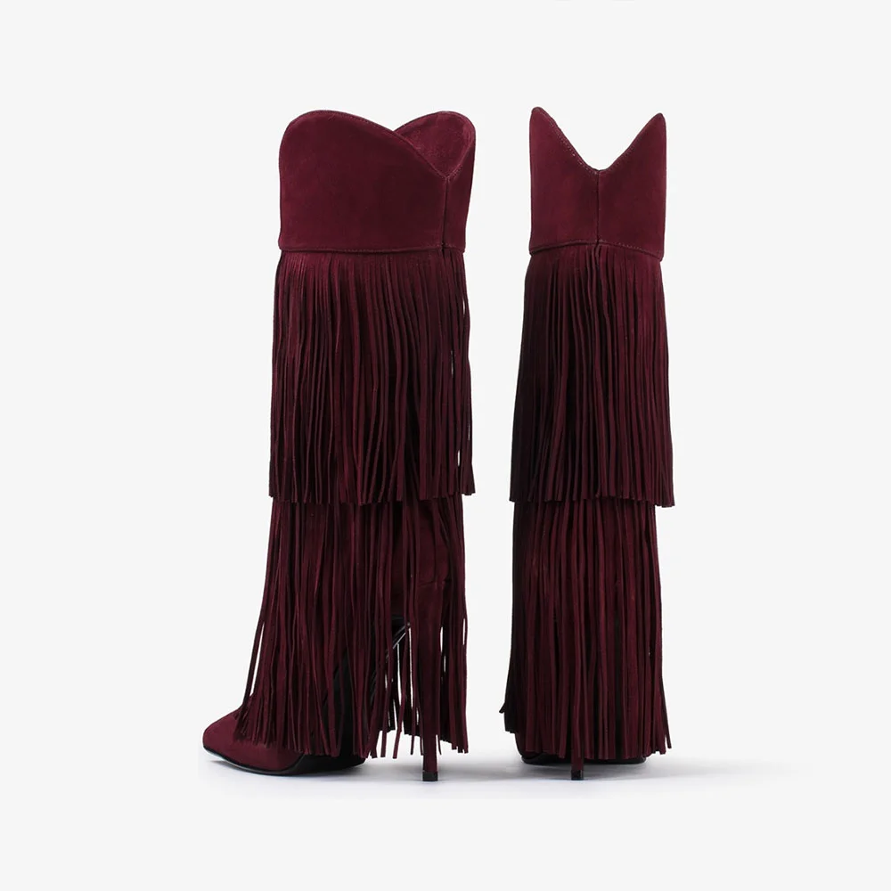 Women's Maroon Pointed Toe Slip On Heeled Mid Calf Boots with Fringe