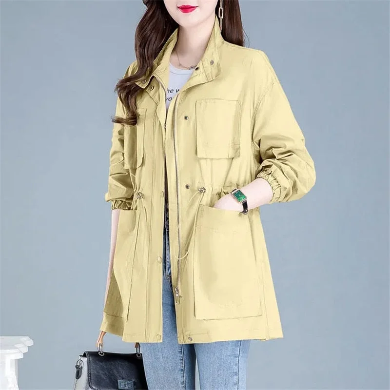 Autumn Women's Trench Coat 2021 New Solid Pocket Drawstring Mid Long Overcoat Loose Plus Size 4XL Female Windbreakers Basic Coat