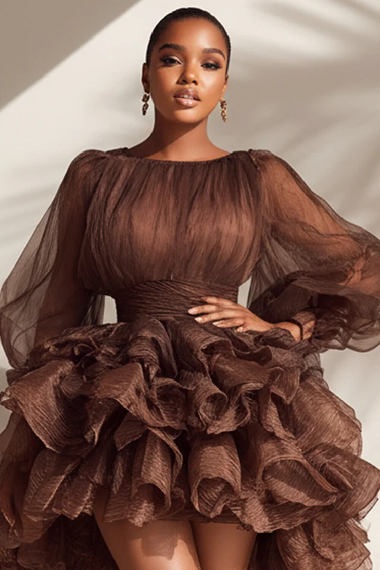 Xpluswear Design Plus Size Party Brown Round Neck Puff Sleeve Long Sleeve High Low Hem Elegant Ruffle Tulle Mini Dresses [Pre-Order]