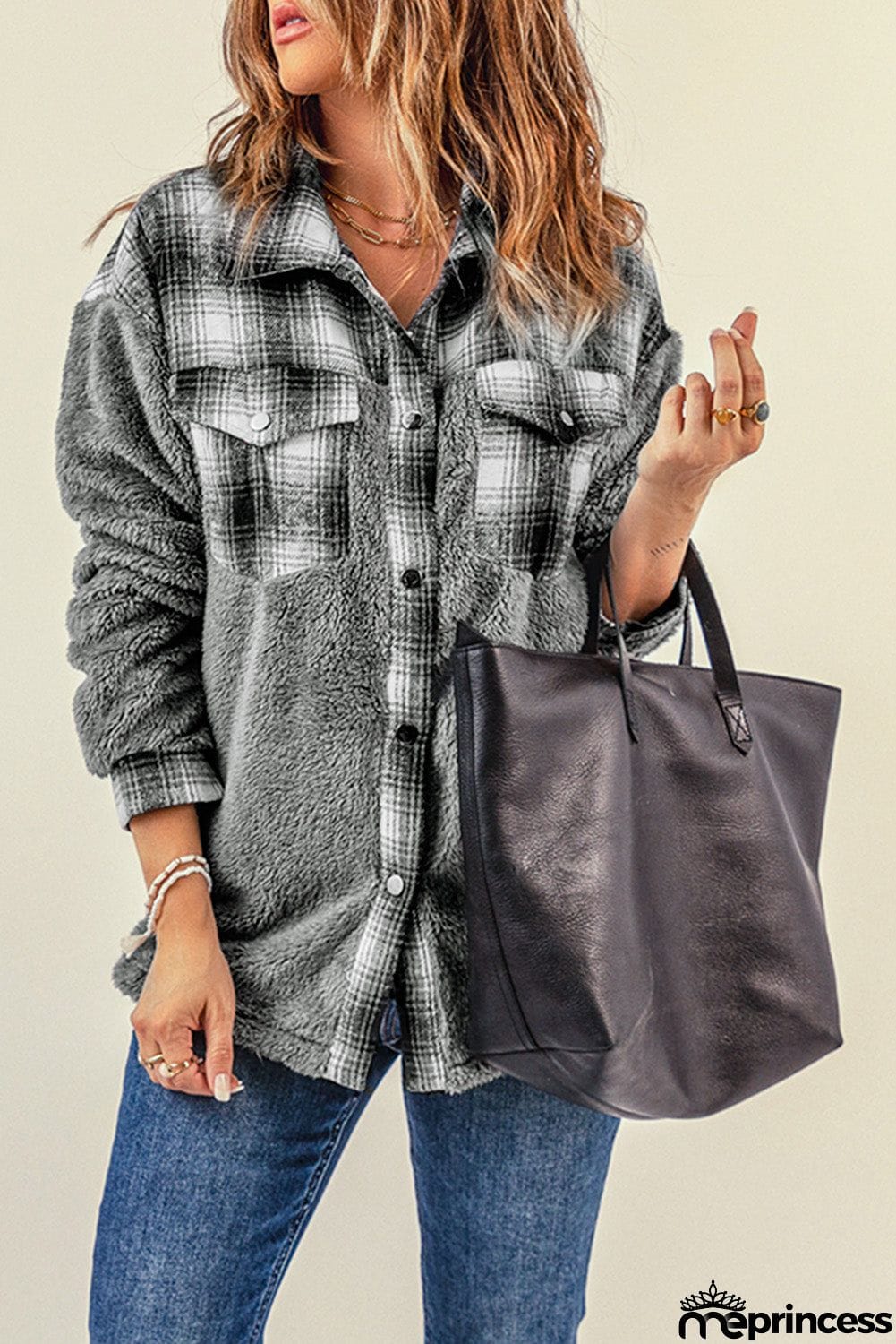 Plaid Patchwork Buttoned Pocket Sherpa Jacket