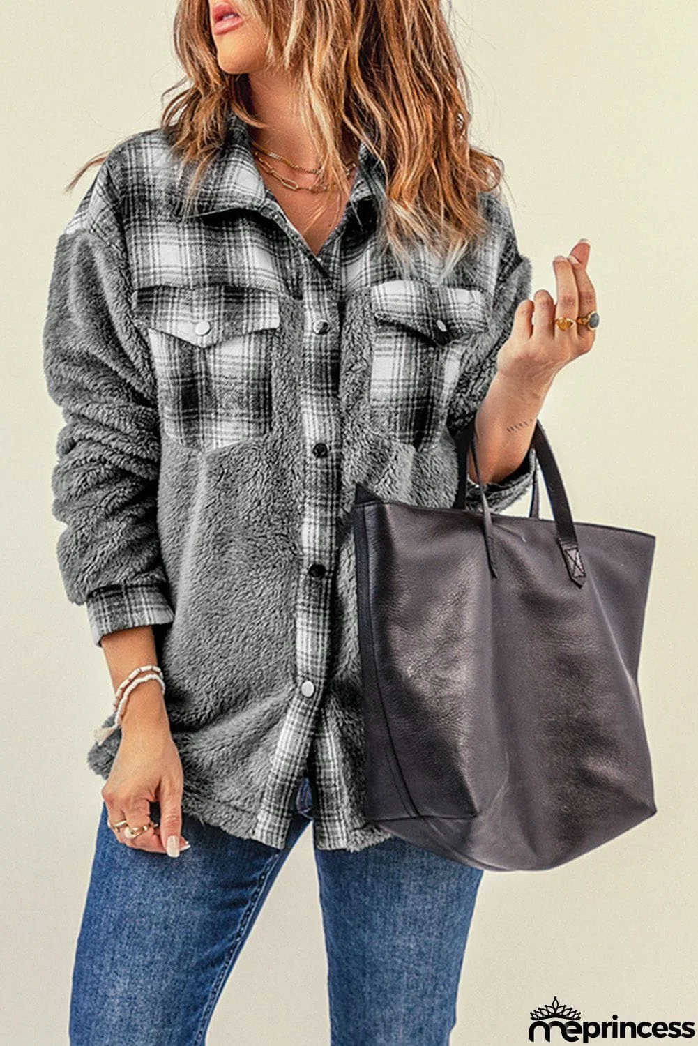 Plaid Patchwork Buttoned Pocket Sherpa Jacket