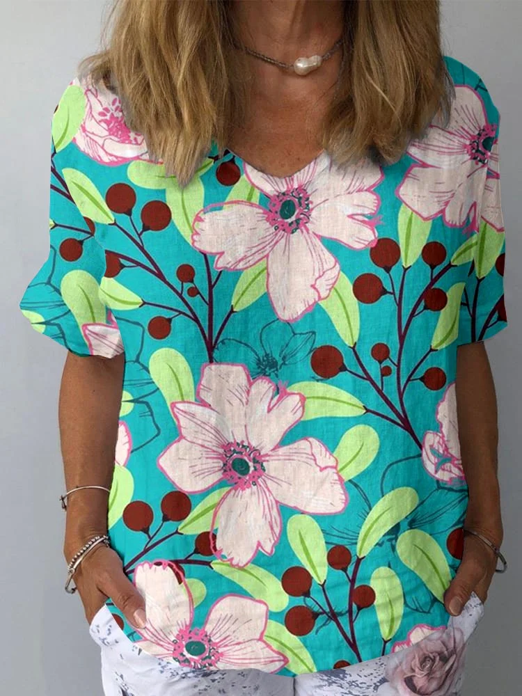 Womens Artistic Flower Pattern Cotton and Linen Short Sleeve Top