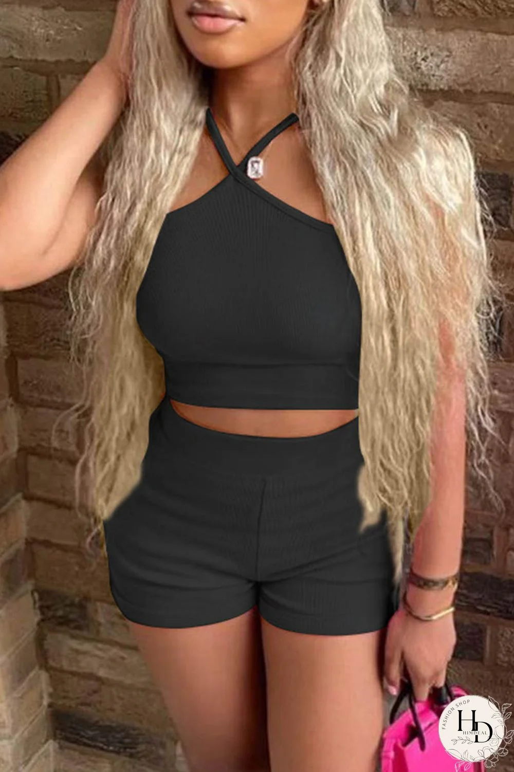 Black Sexy Casual Solid Backless Spaghetti Strap Sleeveless Two Pieces