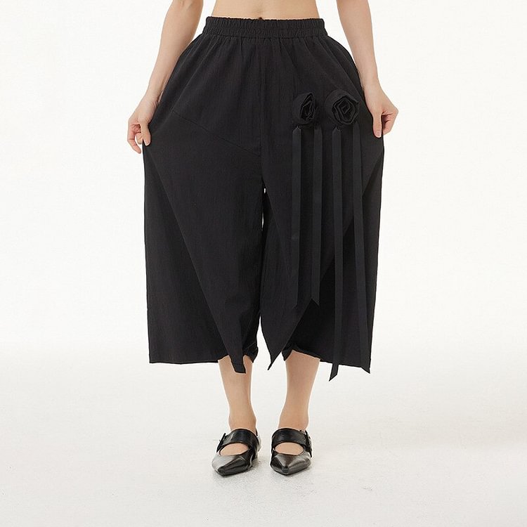 Design Loose Solid Color Three-dimensional Rose Decor With Ribbon Wide Leg Pants            