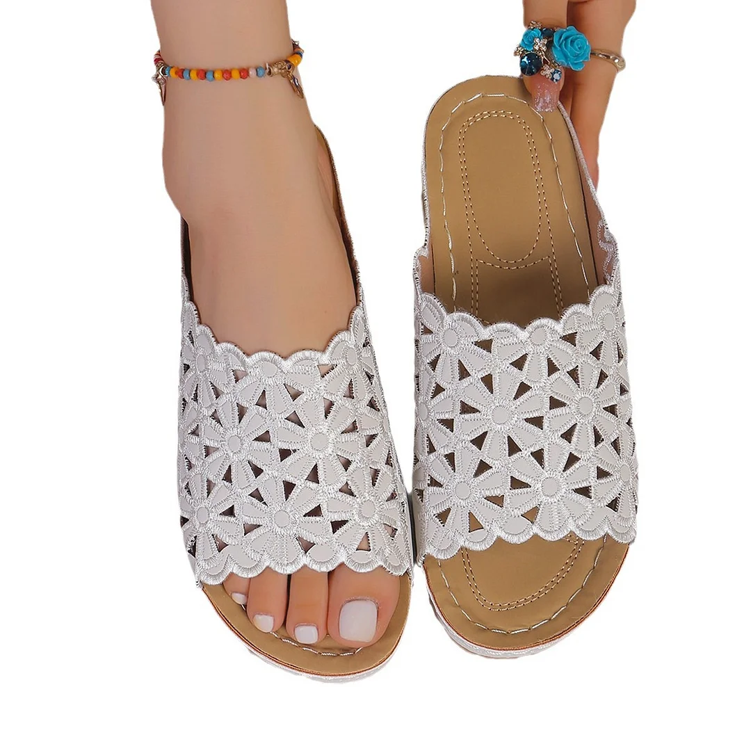 Yyvonne 2025 Summer New Simple Leisure Flowers Hollow PU With Women's Slopes And Slippers