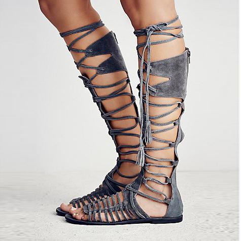 TAAFO Straps Hollow Out Tassels Flat Gladiator Sandals