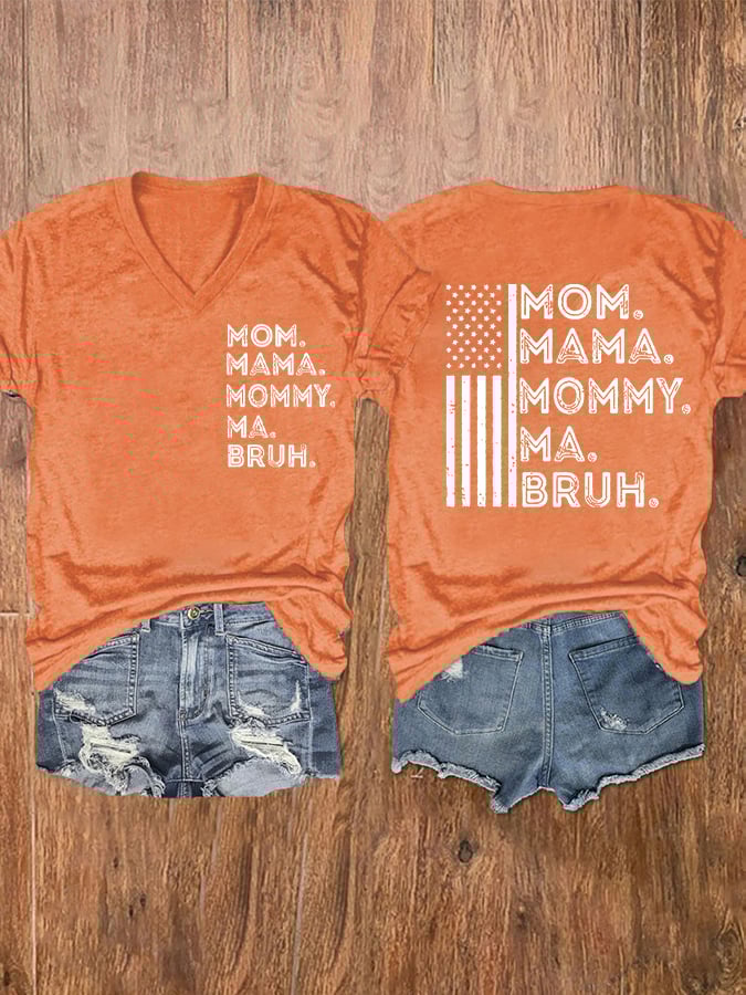 Women's Funny Mom Mama Mommy Bruh American Flag Casual V-Neck Tee