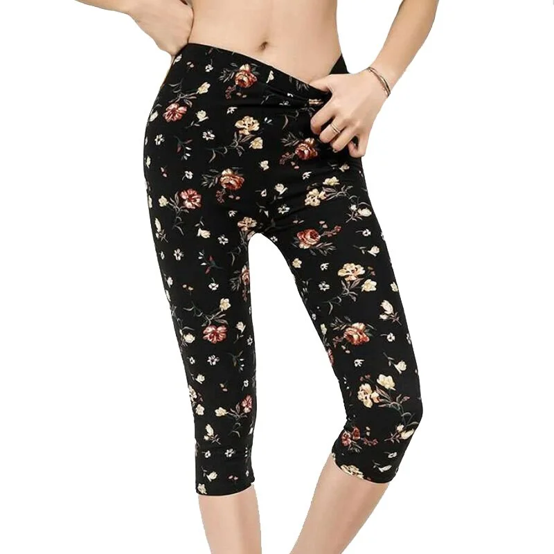 High Waist Floral Printed Fitness Leggings Mid-Calf Elastic Women Capris Push Up Trousers