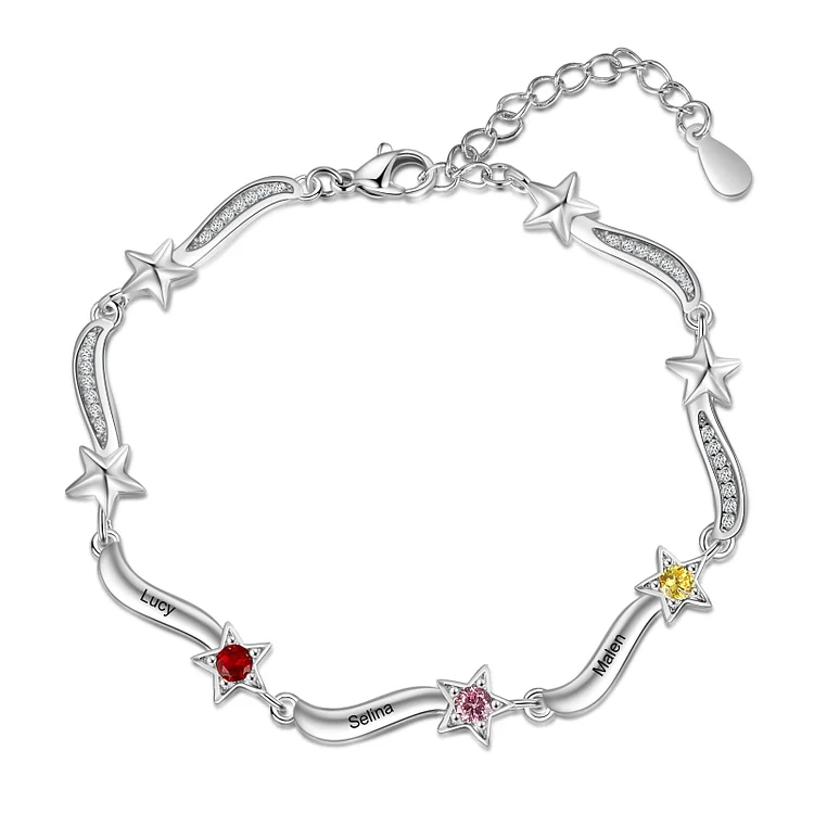 Personalized Star Bracelet With 3 Birthstones Custom Names Bracelet Gift For Women