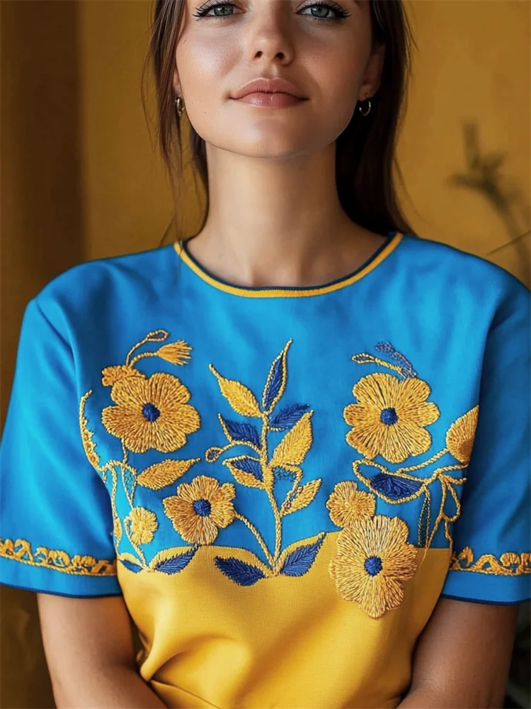 Ukraine Ethnic Floral Embroidered Contrast Color T Shirt