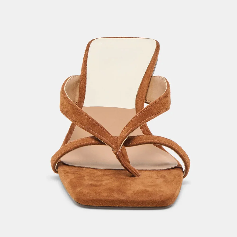 Brown Vegan Suede Square Toe Spool Heel Flip Flops Mules Sandals